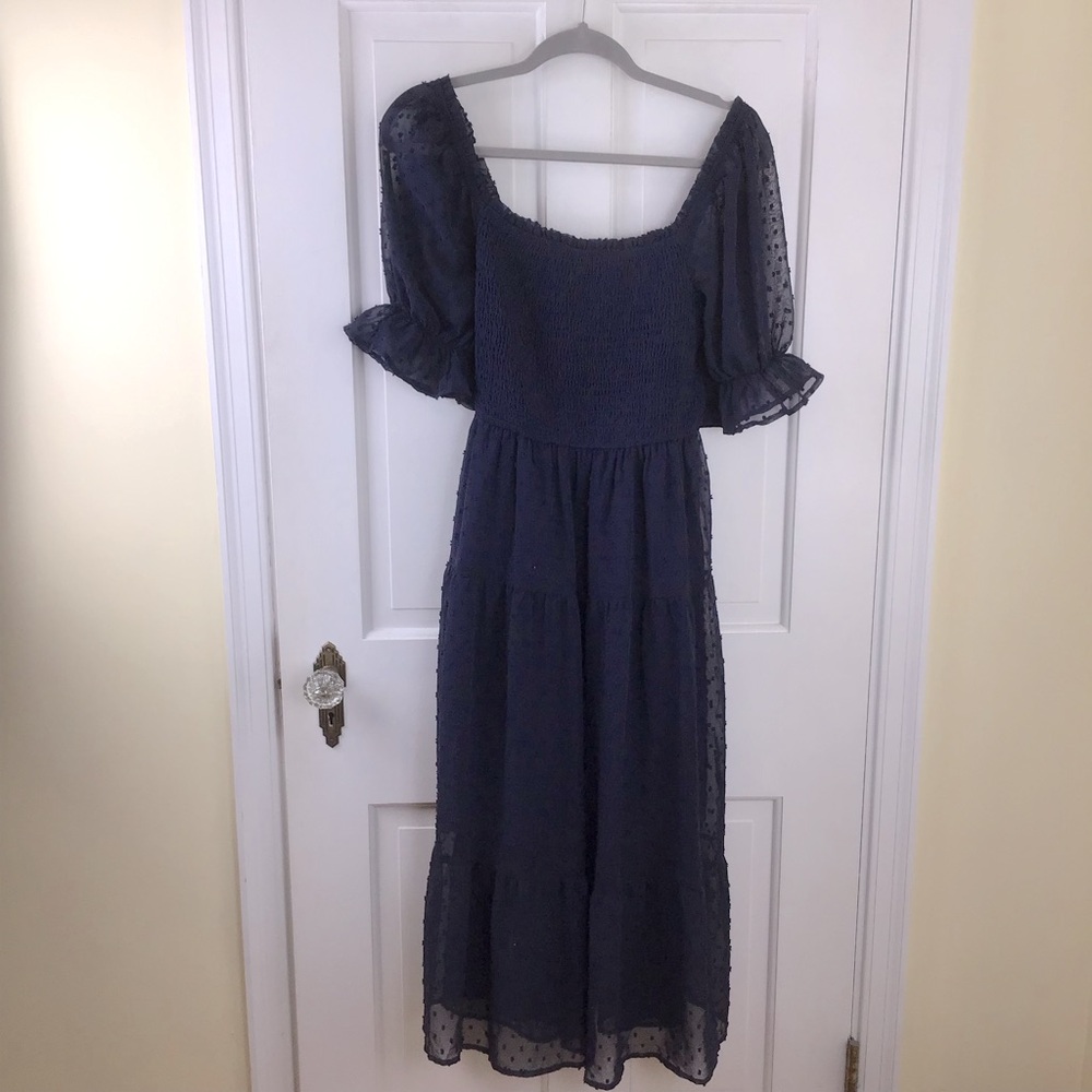 Women’s Navy Midi Smocked Square-Neck Dress - Picture 5 of 8